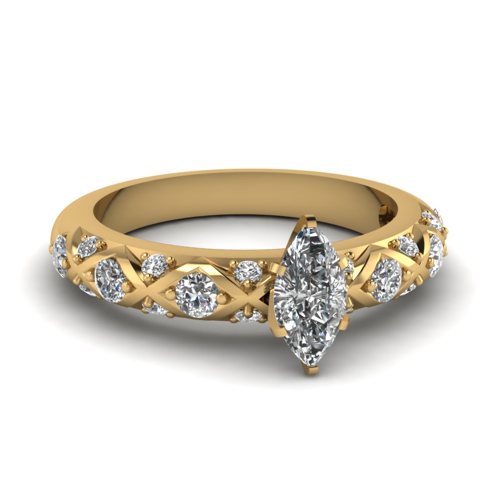 Cross Design Marquise Cut Pave Diamond Engagement Ring In 18K Yellow ...