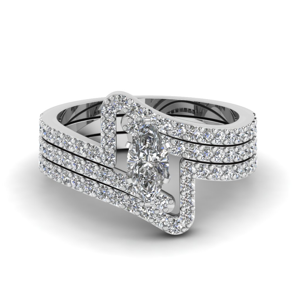 Crossover Marquise Diamond Trio Wedding Ring Set In 14K