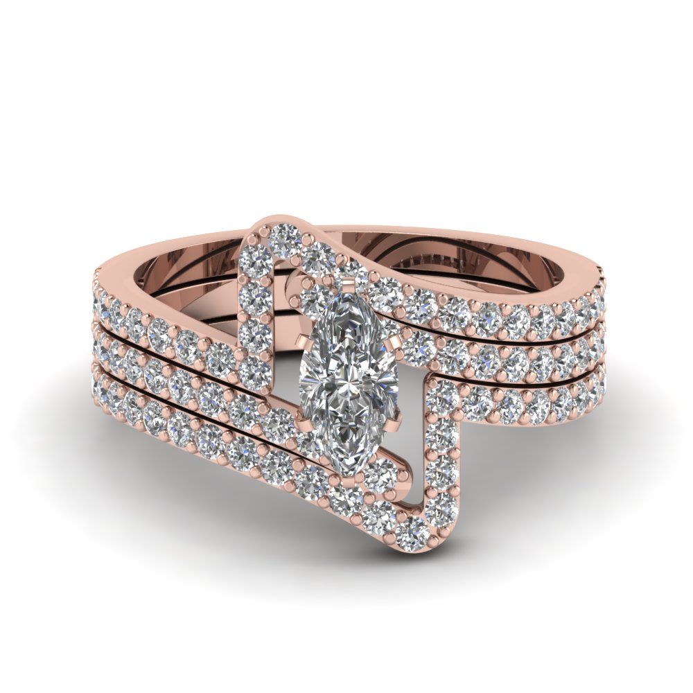 Crossover Marquise Diamond Trio Wedding Ring Set In 18K