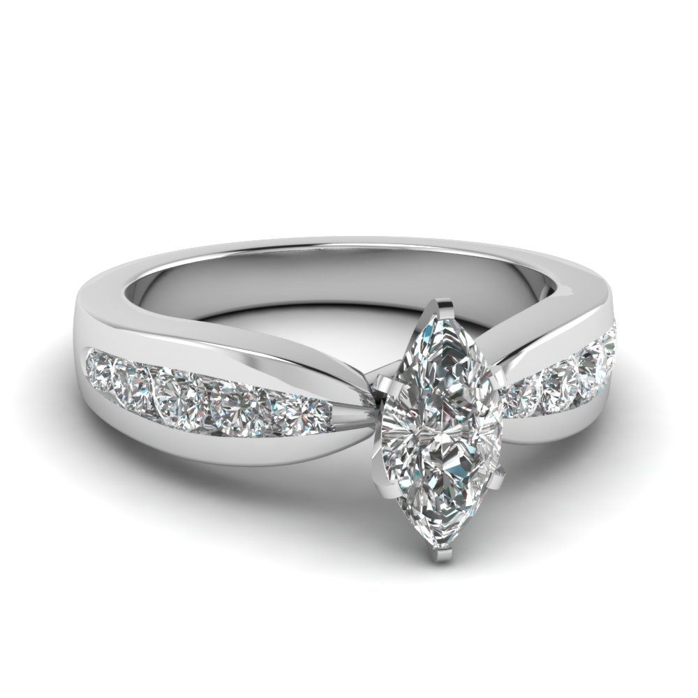 Tapered Channel Set Marquise Diamond Engagement Ring In 14K White Gold ...