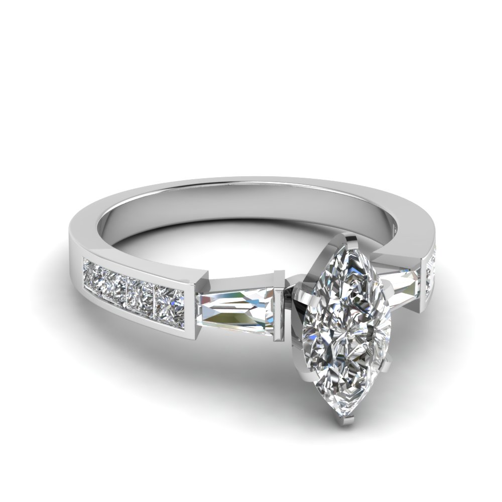 Baguette Channel Set Marquise 3 Stone Diamond Engagement Ring In 950 ...