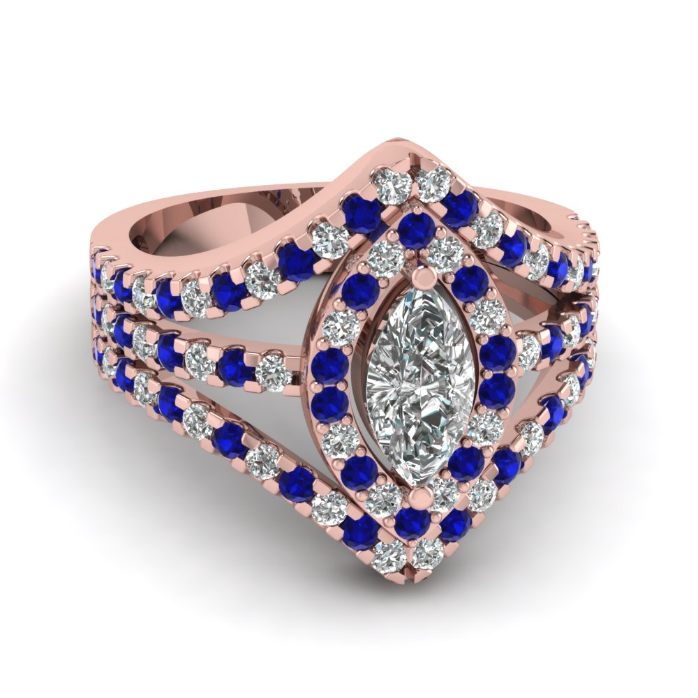 Halo Split Shank Marquise Engagement Ring With Sapphire In 14k Rose Gold Fascinating Diamonds