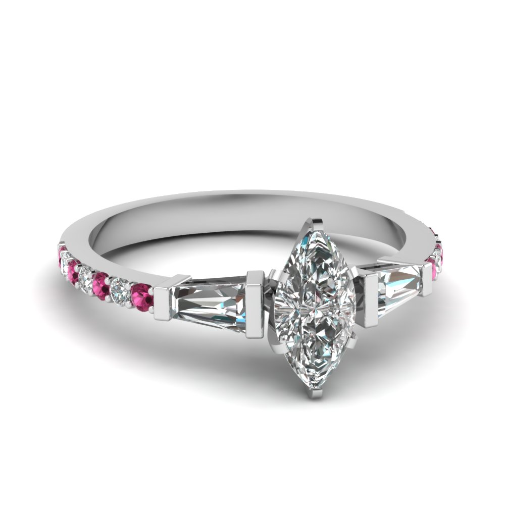 3 Stone Baguette Marquise Diamond Engagement Ring With Pink Sapphire In ...