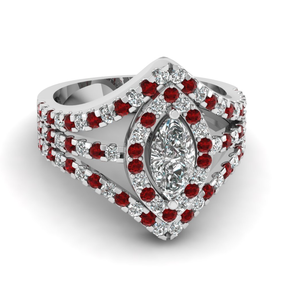 Halo Split Shank Marquise Engagement Ring With Ruby In 14K White Gold ...