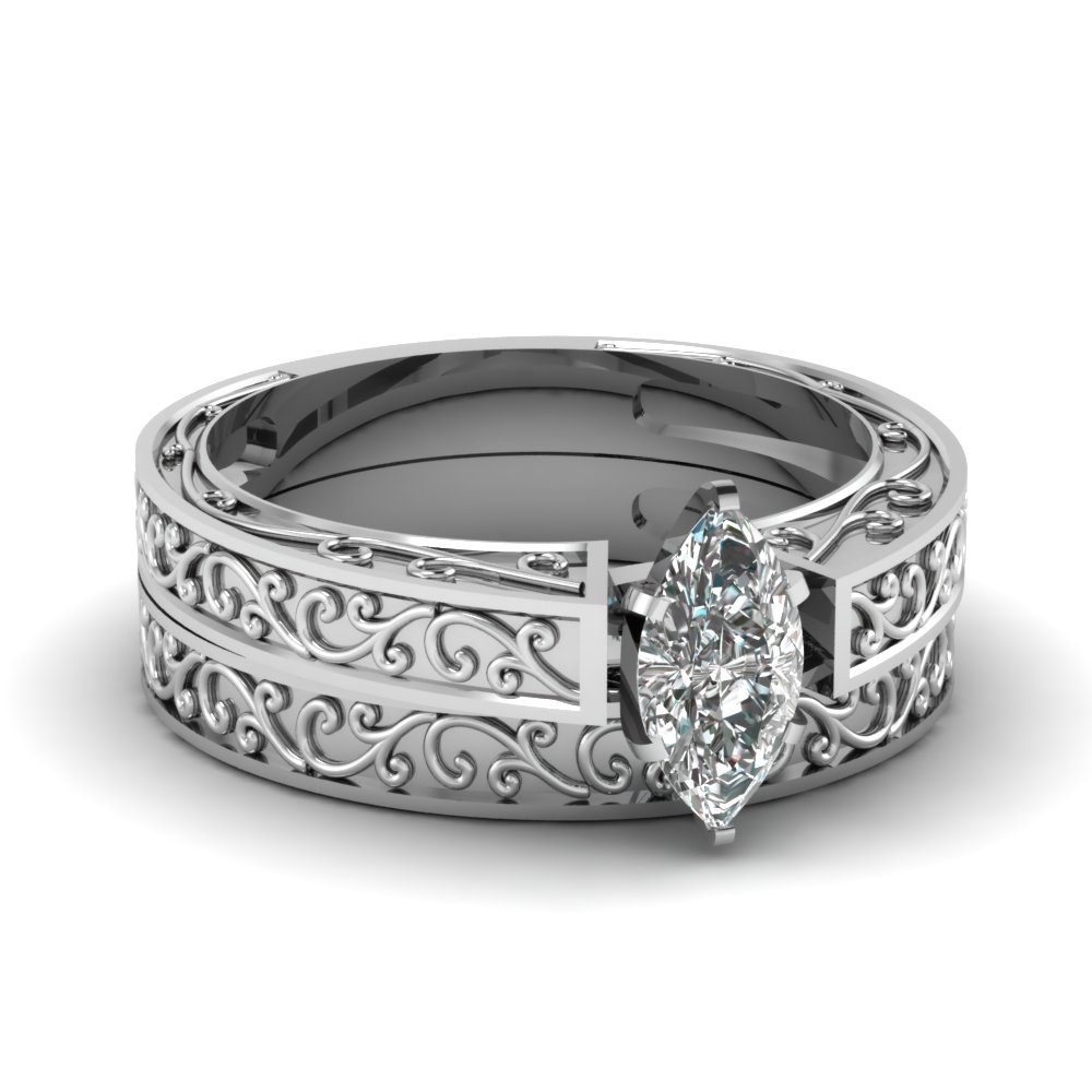 Filigree Engraved Marquise Cut Solitaire Wedding Set In