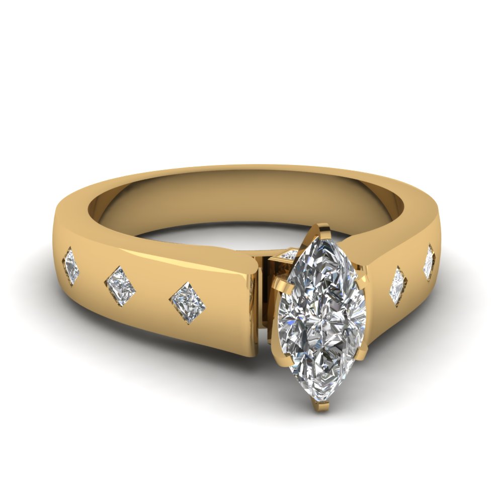 Flush Set Cathedral Marquise Cut Diamond Engagement Ring In 18K Yellow ...