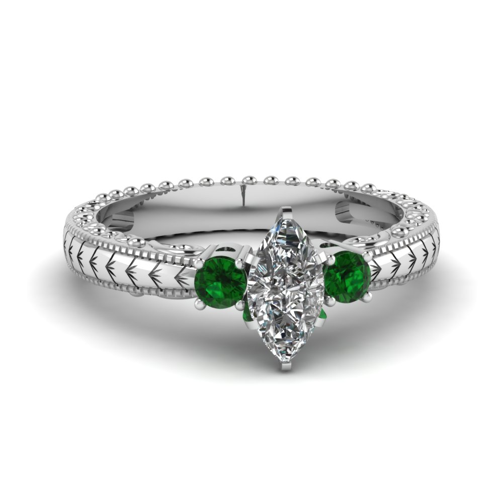 Hand Engraved Emerald 3 Stone Ring