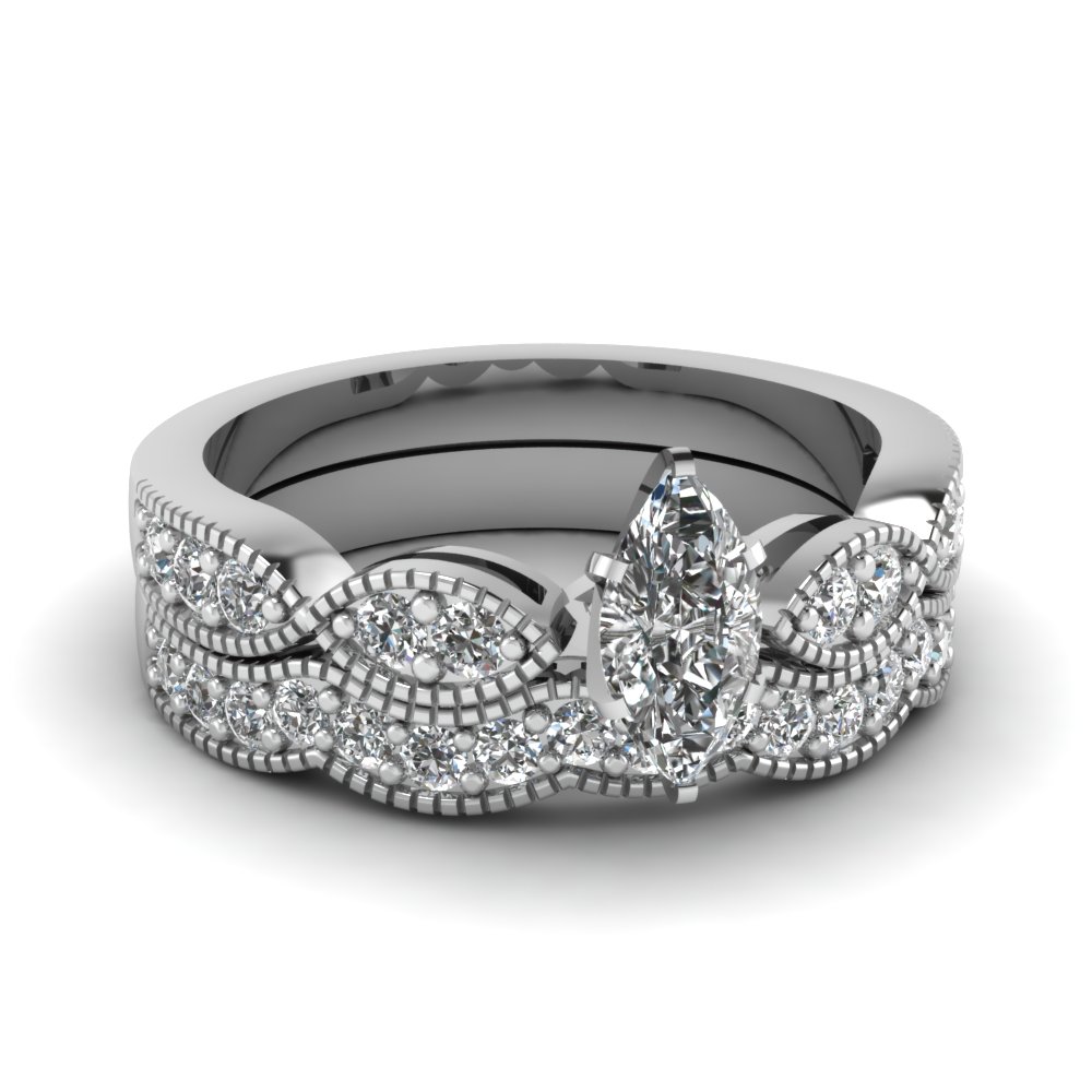 Marquise Shaped Diamond Milgrain Weave Wedding Set In 14K