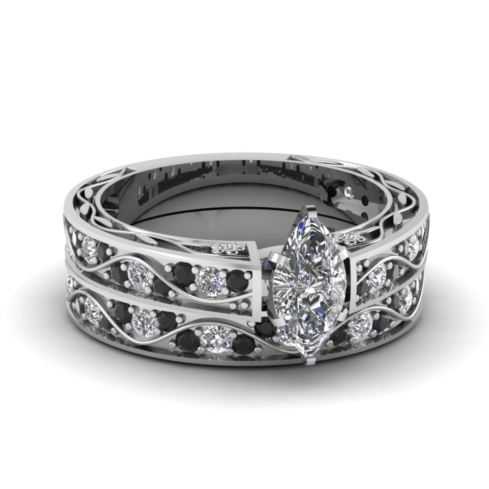 Marquise Cut Antique Filigree Wedding Set With Black