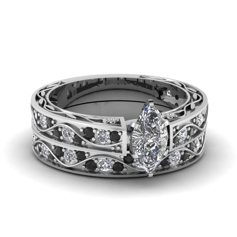 Marquise Cut Antique Filigree Wedding Set With Black Diamond In 950 Marquise Cut Antique Filigree Wedding Set With Black Diamond In Fdens3543mqgblack Nl Wg