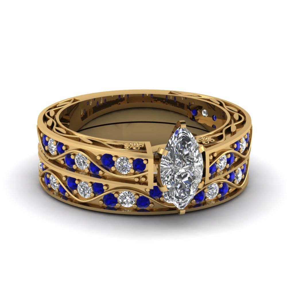 marquise cut antique diamond filigree wedding set with sapphire in FDENS3543MQGSABL NL YG