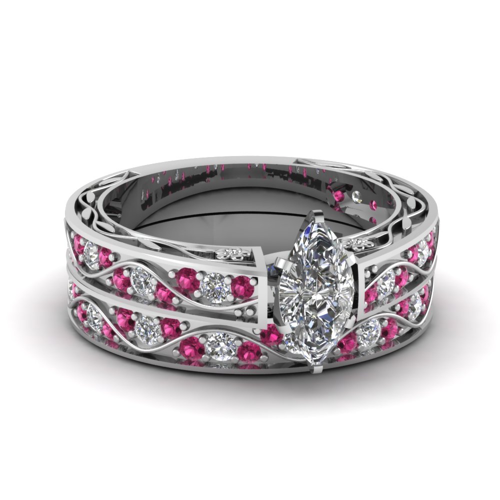 Marquise Cut Antique Diamond Filigree Wedding Set With Pink Shire Marquise Cut Antique Diamond Filigree Wedding Set With Pink Shire In Fdens3543mqgsadrpi Nl Wg