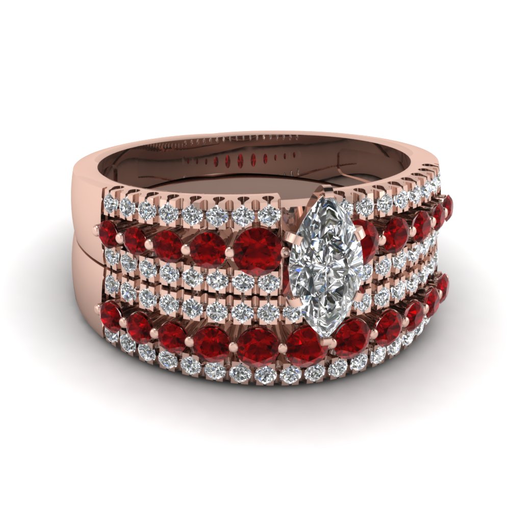 triple row marquise shaped diamond wedding ring sets  with red ruby in 14K rose gold FDENS3014MQGRUDR NL RG
