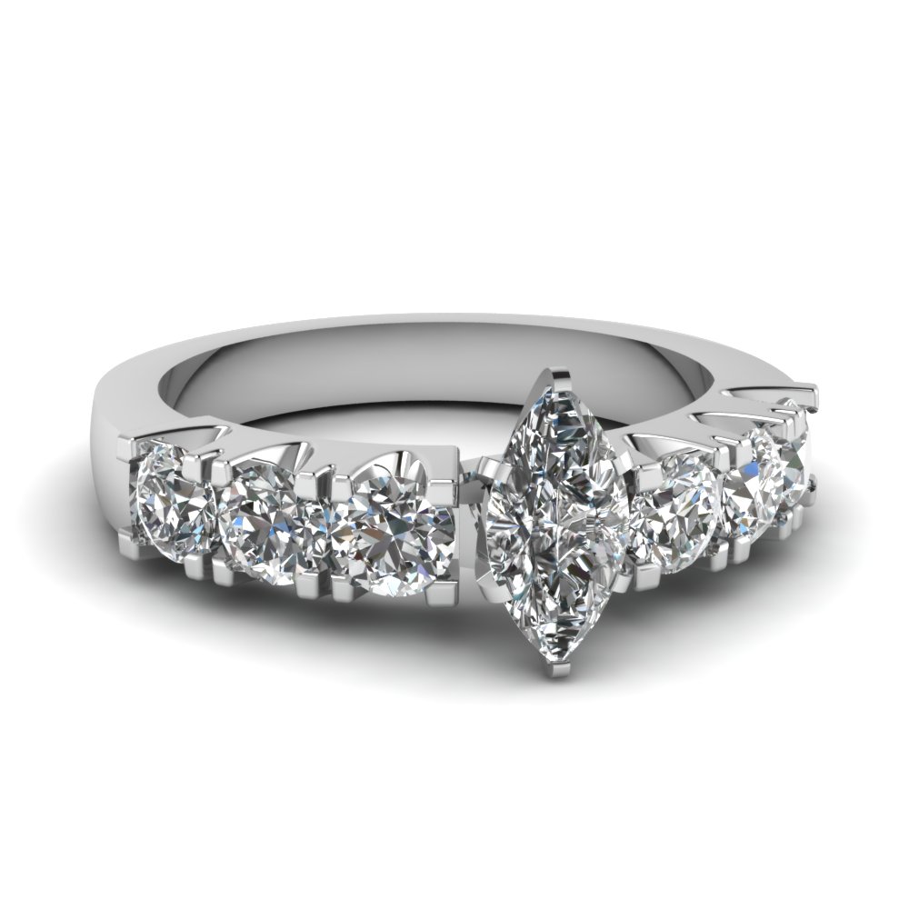 Marquise Shaped Diamond V Prong Side Stone Ring In 14K White Gold ...