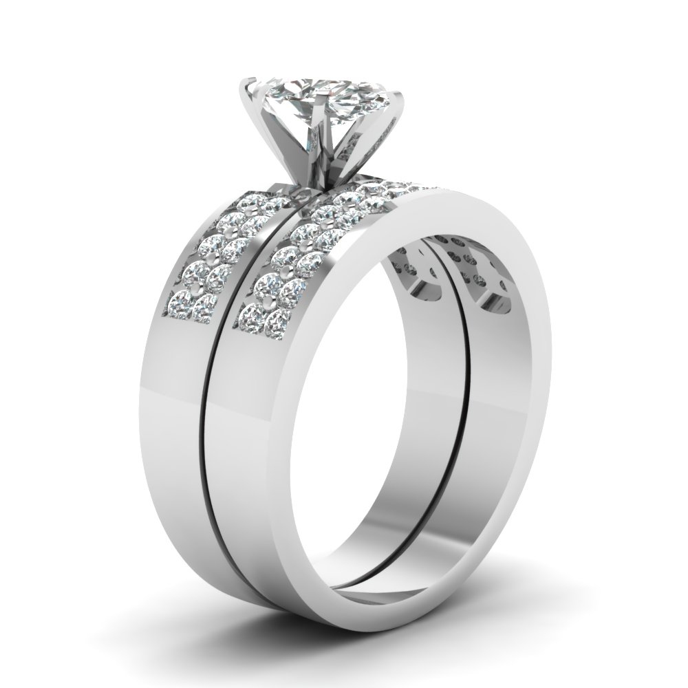Marquise Cut 2 Row Diamond Flat Wedding Ring Set In 14K