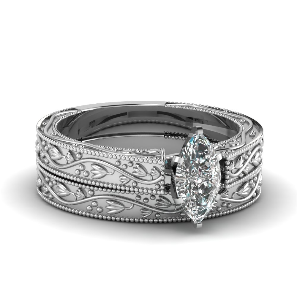 Floral Engraved Marquise Cut Solitaire Wedding Ring Set In