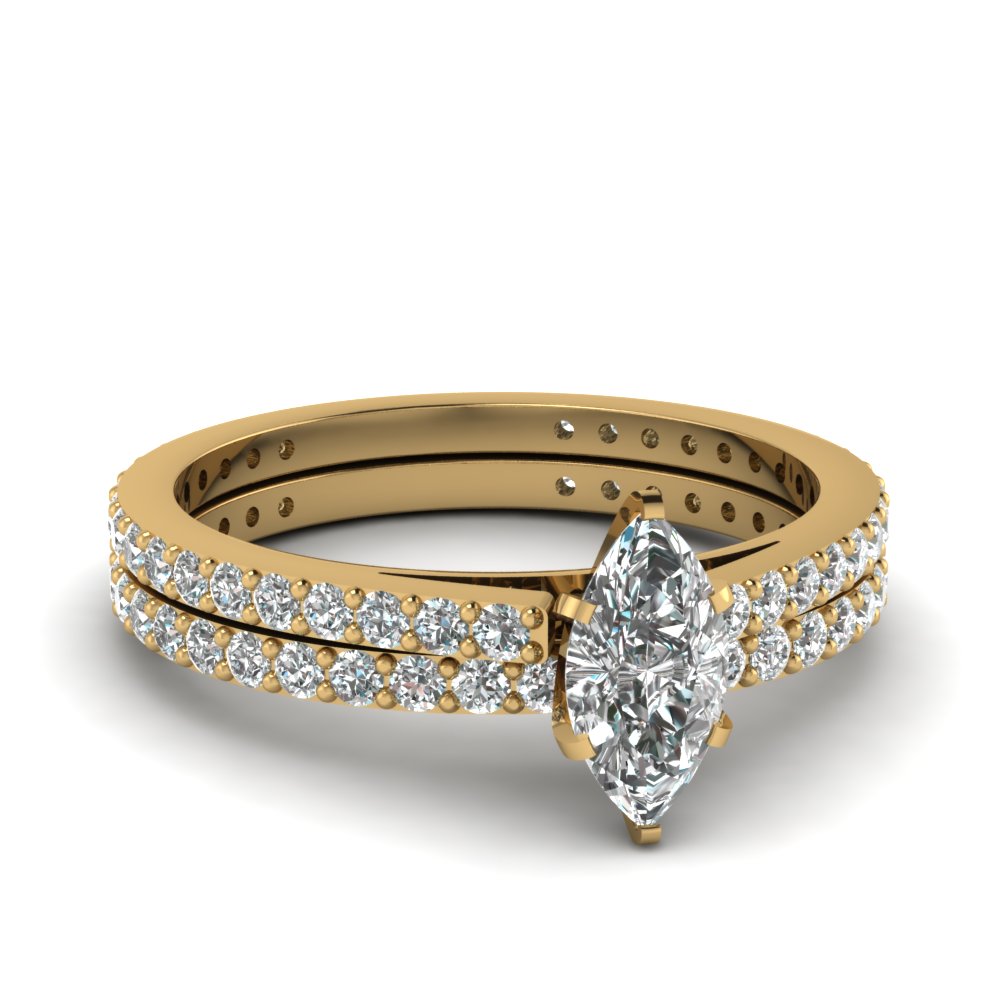 Marquise Cut Petite Diamond Wedding Ring Set In 14K Yellow