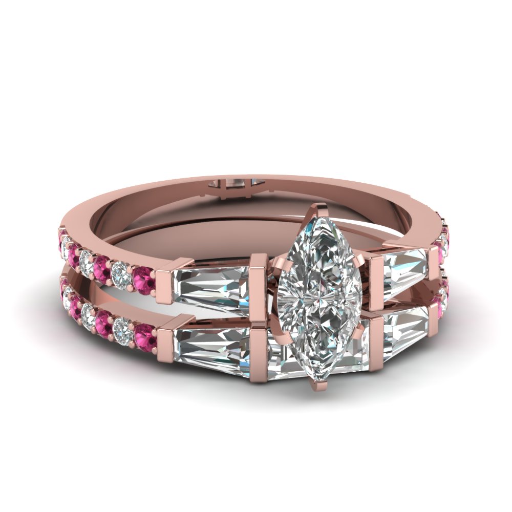 marquise shaped diamond wedding ring sets with pink sapphire in 14k rose gold - Gold Diamond Wedding Rings marquise shaped diamond wedding ring sets with pink sapphire in 14k rose gold - Gold Diamond Wedding Rings