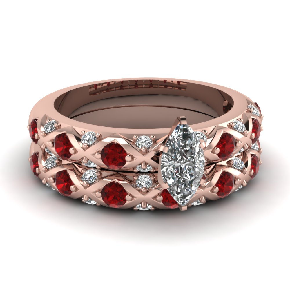 cross design marquise cut pave diamond wedding ring set with ruby in FDENS1482MQGRUDR NL RG