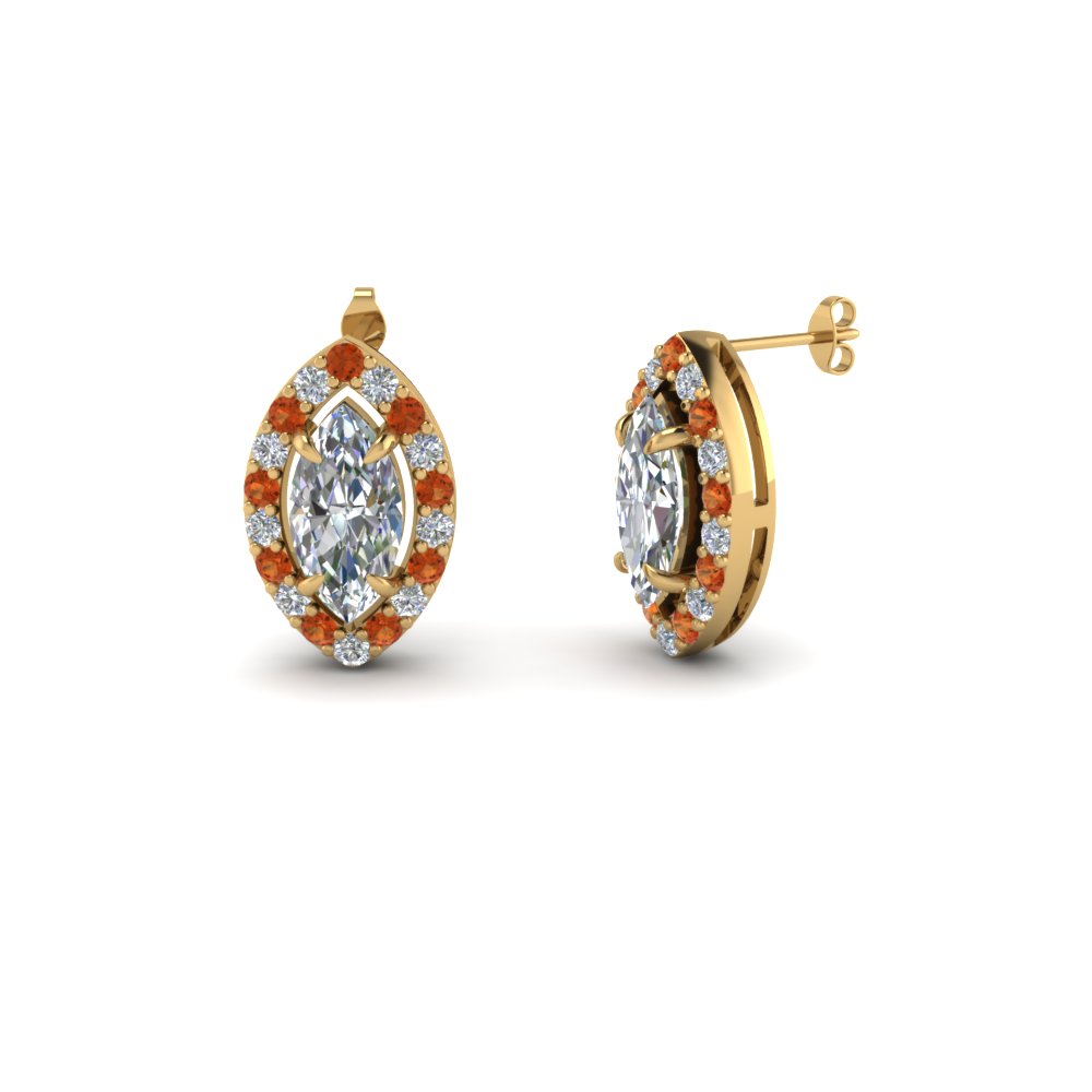 marquise shaped halo diamond stud earring with orange sapphire in 14K yellow gold FDEAR1186MQGSAOR NL YG