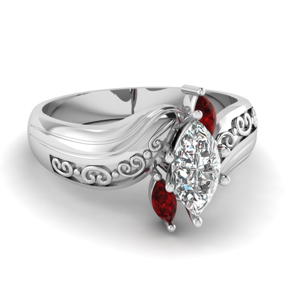 Marquise Three Diamond Engagement Ring With Ruby In 14k White Gold Fascinating Diamonds