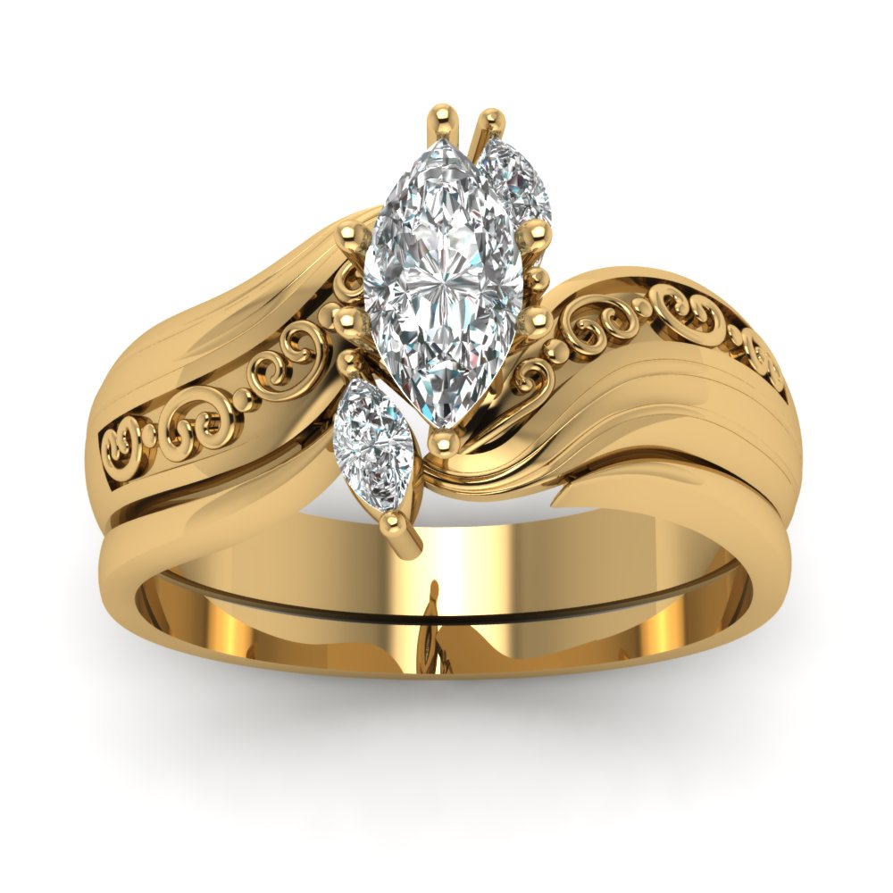 Marquise Three Stone Diamond Wedding Ring Set In 18k Yellow Gold