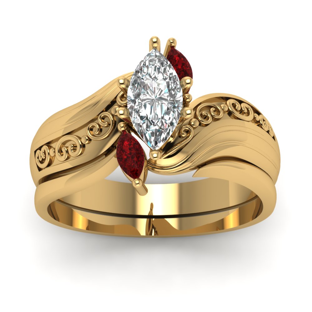 Marquise Three Stone Diamond Wedding Ring Set With Ruby In
