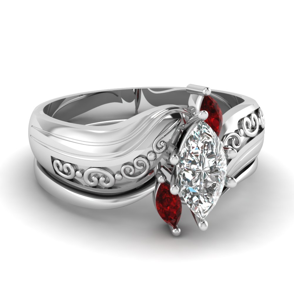 Marquise Three Diamond Engagement Wedding Ring Set With Ruby In 950 Platinum FD120176MQGRUDR NL WG 