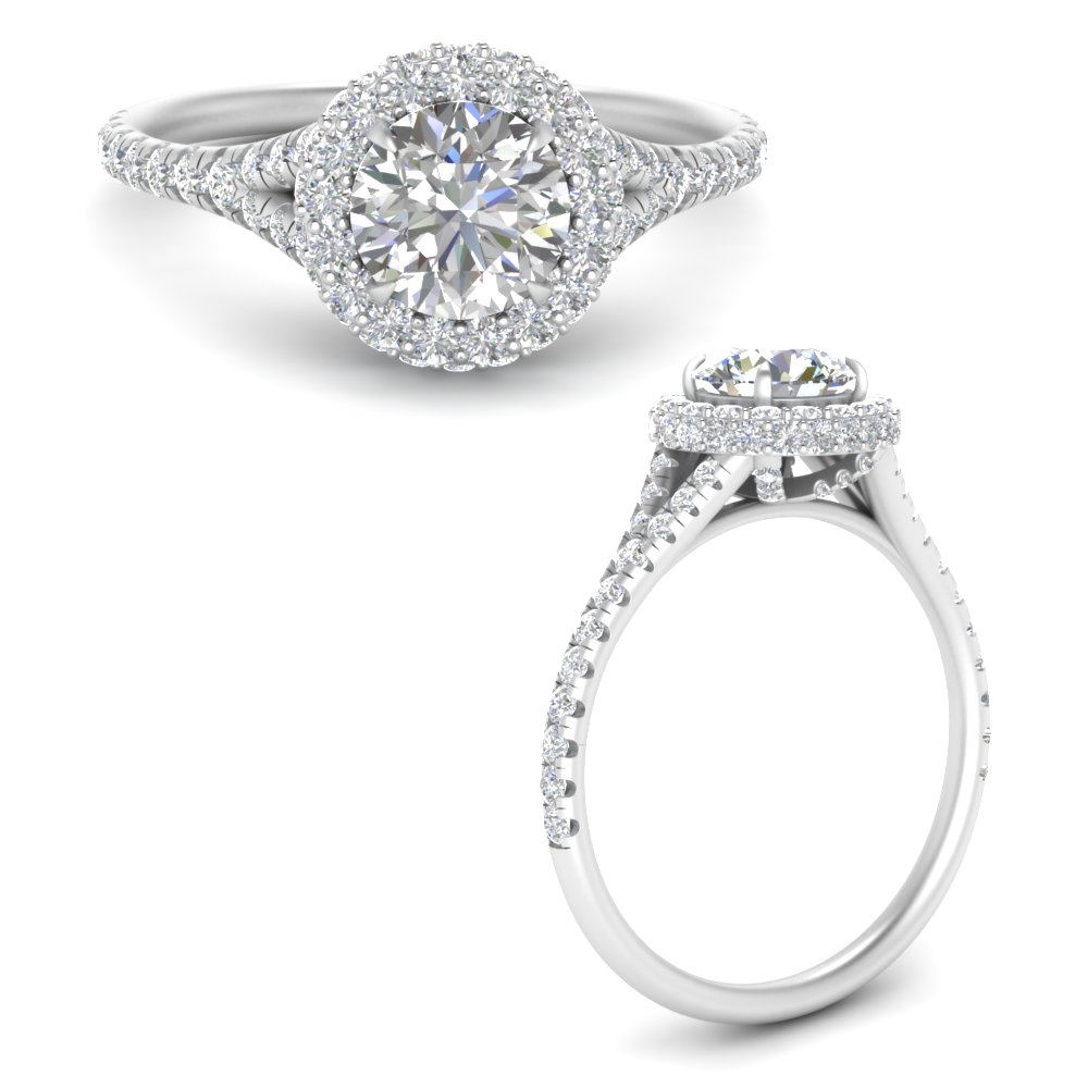 Micropave Halo Split Shank Diamond Engagement Ring In 14K White Gold ...