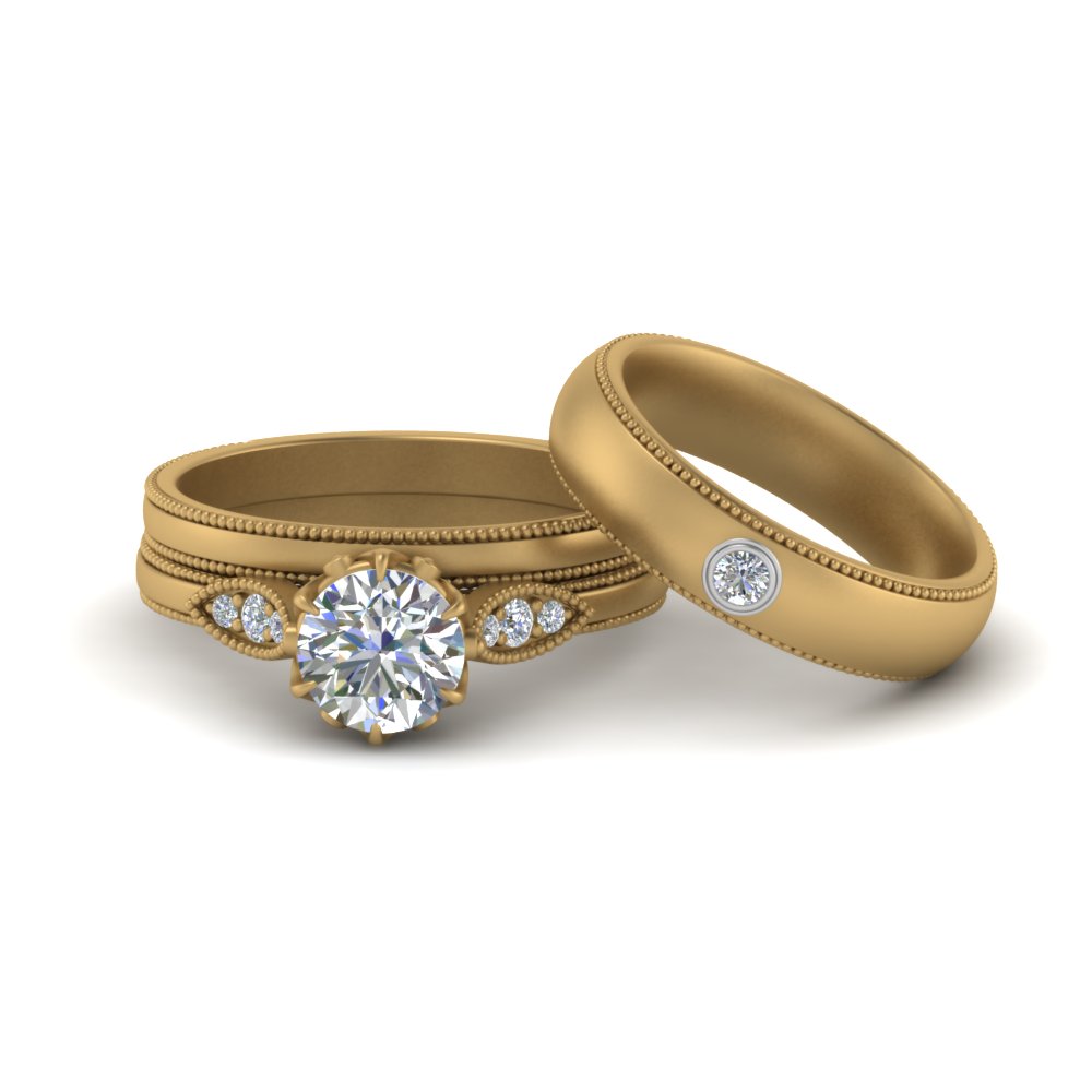 Milgrain Matching Moissanite Wedding Set For Couples In 14K Yellow Gold