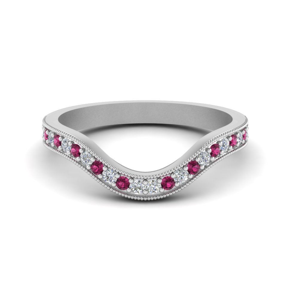 milgrain pave curved diamond wedding band with pink sapphire in FDENS3159BGSADRPI NL WG