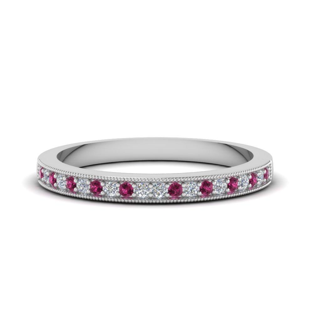 milgrain pave diamond wedding band with pink sapphire in FD62254BGSADRPI NL WG