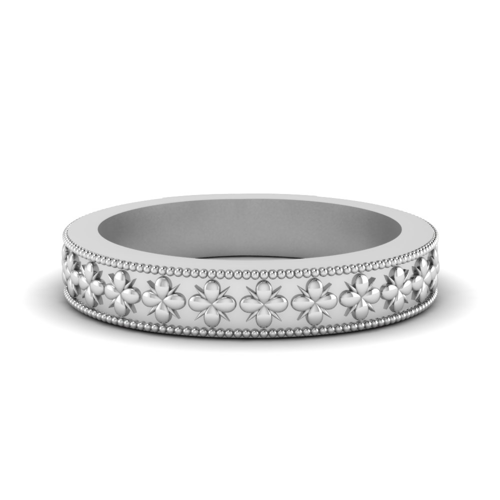 Milgrain Floral Simple Wedding Band In 14K White Gold