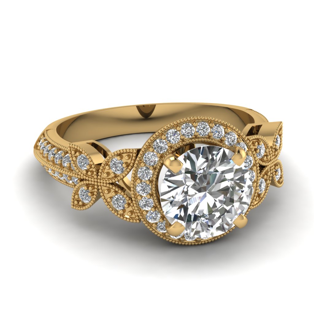 nature inspired round halo vintage diamond engagement ring in 14K yellow gold FDENS3243ROR NL YG