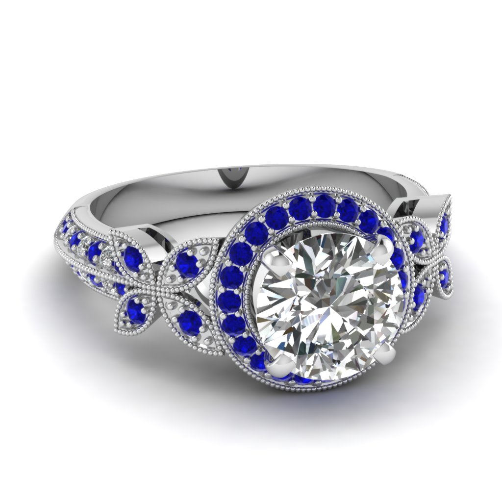 nature inspired round halo vintage diamond engagement ring with blue sapphire in 950 Platinum FDENS3243RORGSABL NL WG