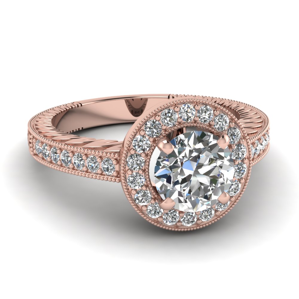 Round Diamond Halo Vintage Engagement Ring In 14K Rose Gold  Fascinating Diamonds