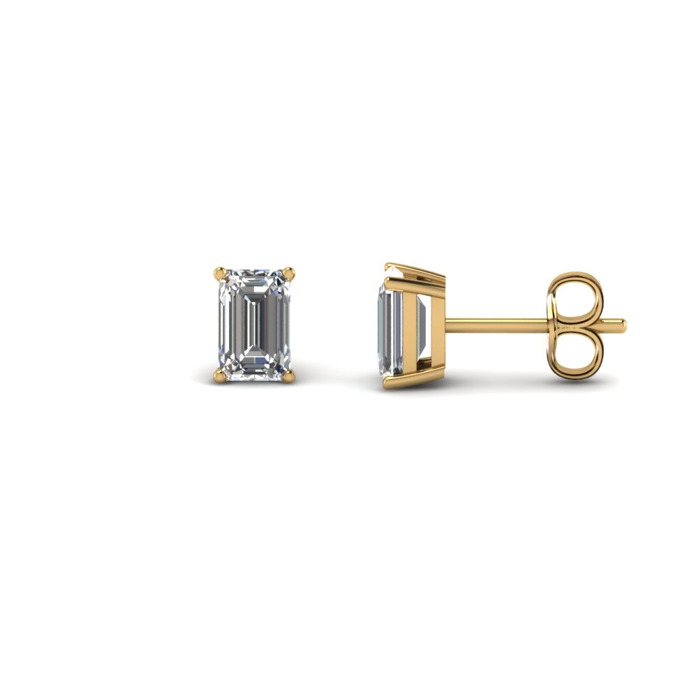 One Carat Emerald Cut Stud Diamond Earring In 18K Yellow Gold