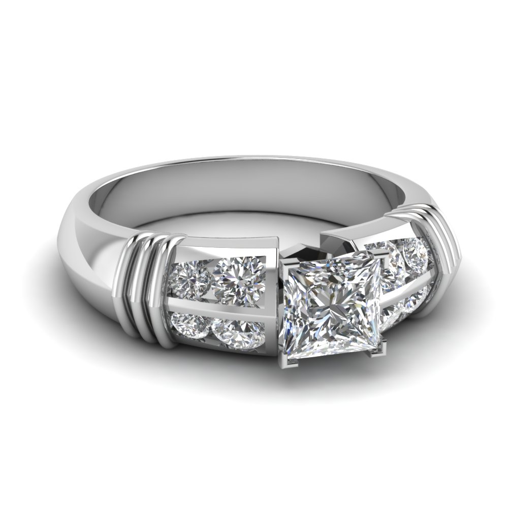 1 Ct. Princess Cut Diamond Tapered Wide Engagement Ring In 14K White ...
