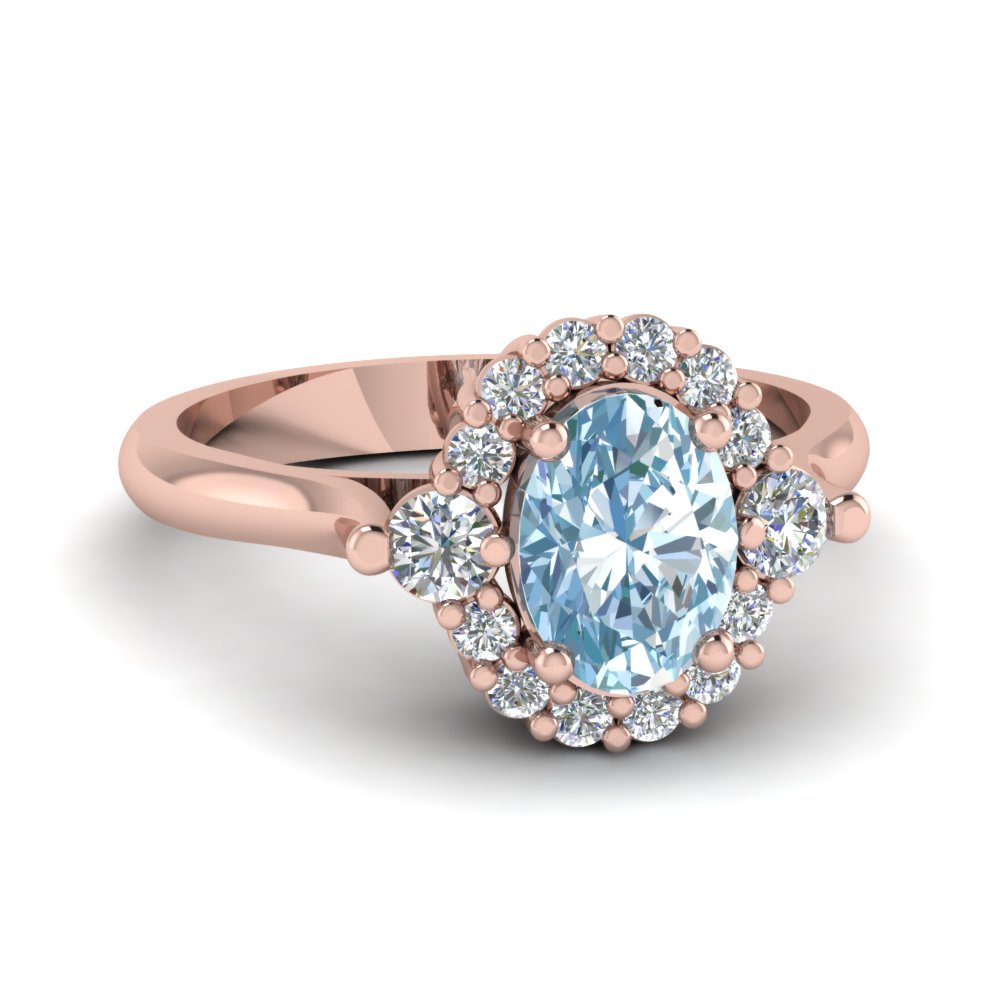 High Profile Aquamarine Halo Engagement Ring In 14K Rose Gold ...