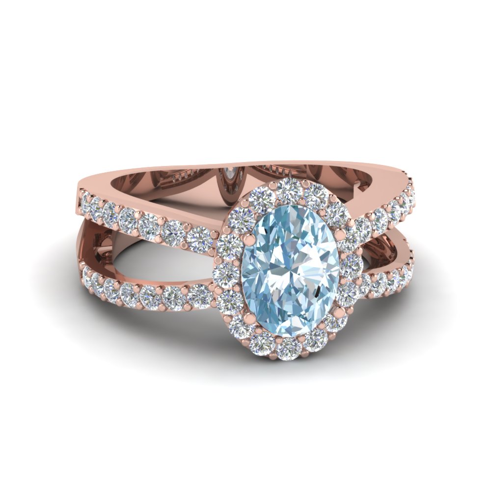 Oval Cut Split Aquamarine Halo Diamond Ring