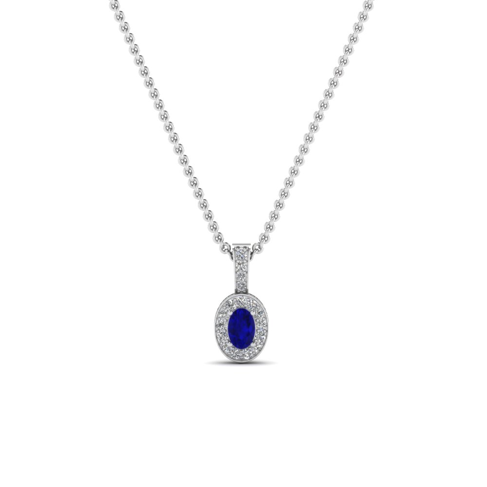 oval halo diamond pendant necklace with blue sapphire in 14K white gold FDPD1055GSABLANGLE1 NL WG