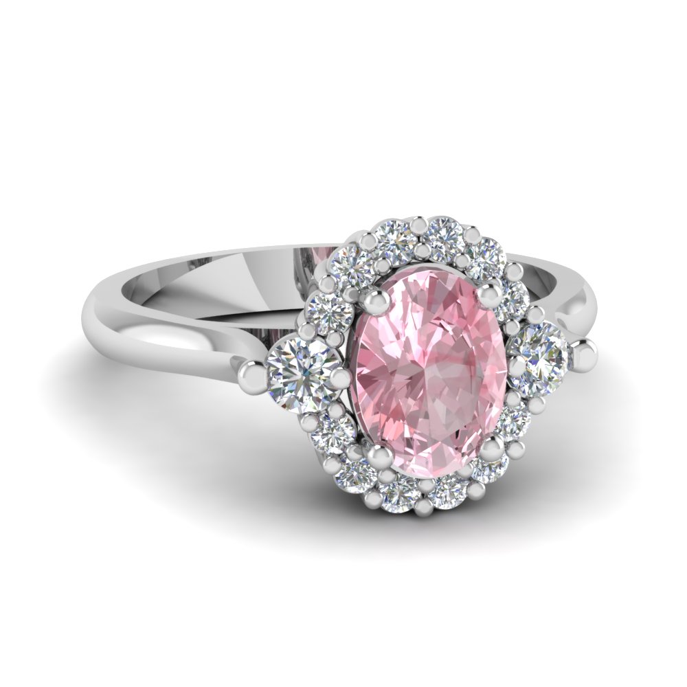 Cathedral Oval Morganite Halo Engagement  Ring  In 14K White 