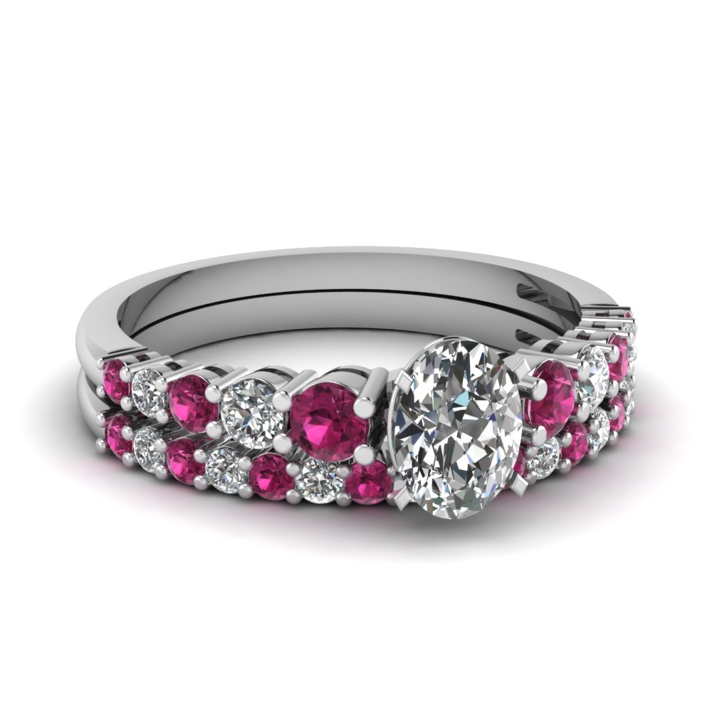 graduated oval diamond wedding ring set with pink sapphire in FDENS3056OVGSADRPI NL WG