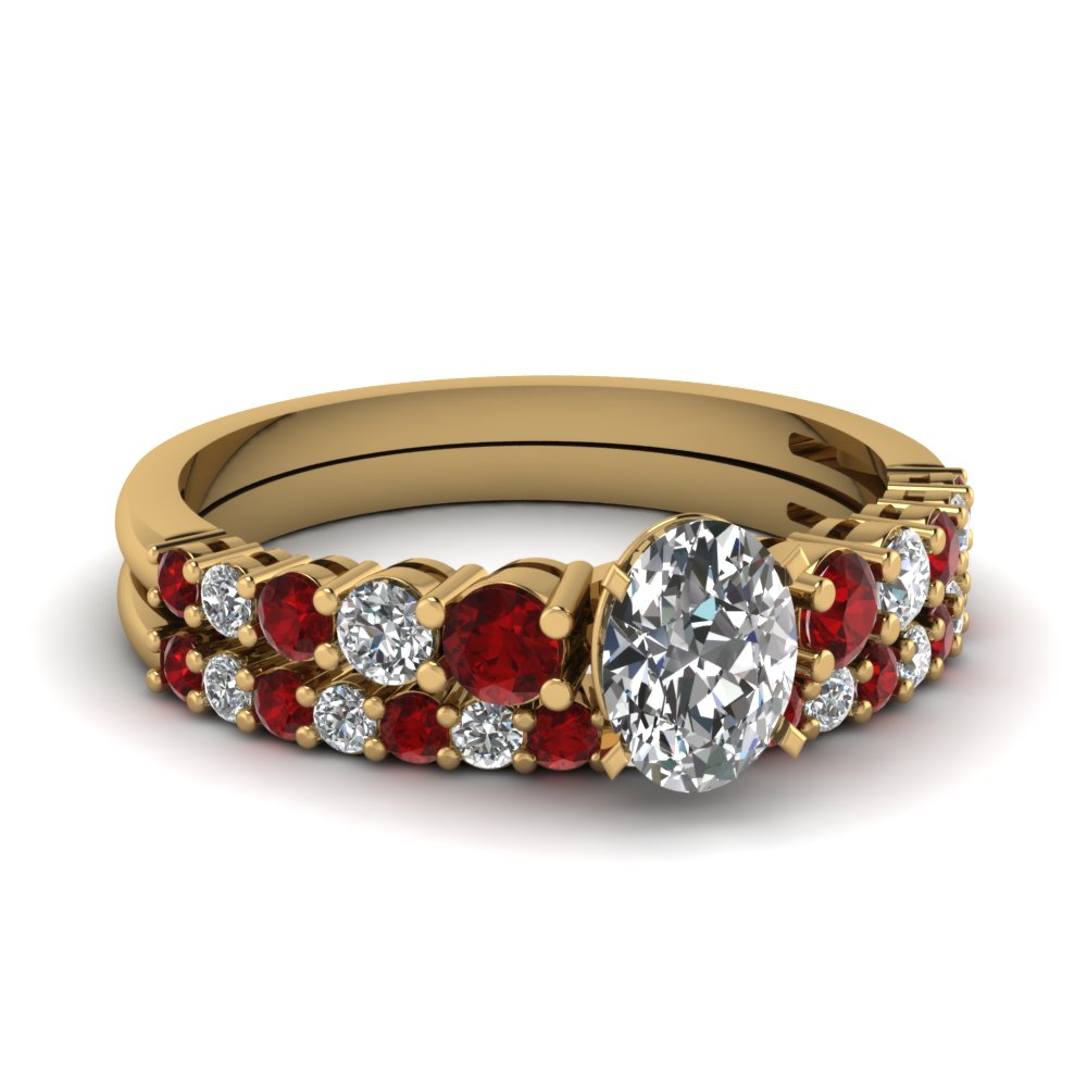 Graduated Oval diamond Wedding Ring Set With Ruby In 14K Yellow Gold ...