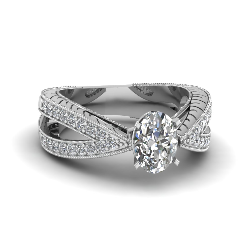 Oval Shaped Pave Vintage Style Split Shank Diamond Engagement Ring In 14K White Gold FDENR7428OVR NL Oval Shaped Pave Vintage Style Split Shank Diamond Engagement Ring In 14K White Gold FDENR7428OVR NL