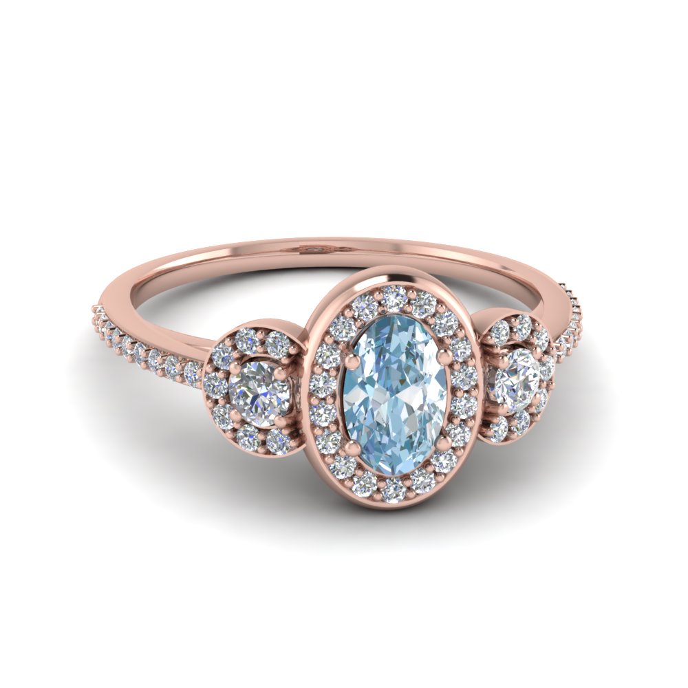 Pave Halo Aquamarine 3 Stone Engagement Ring In 14K Rose Gold ...