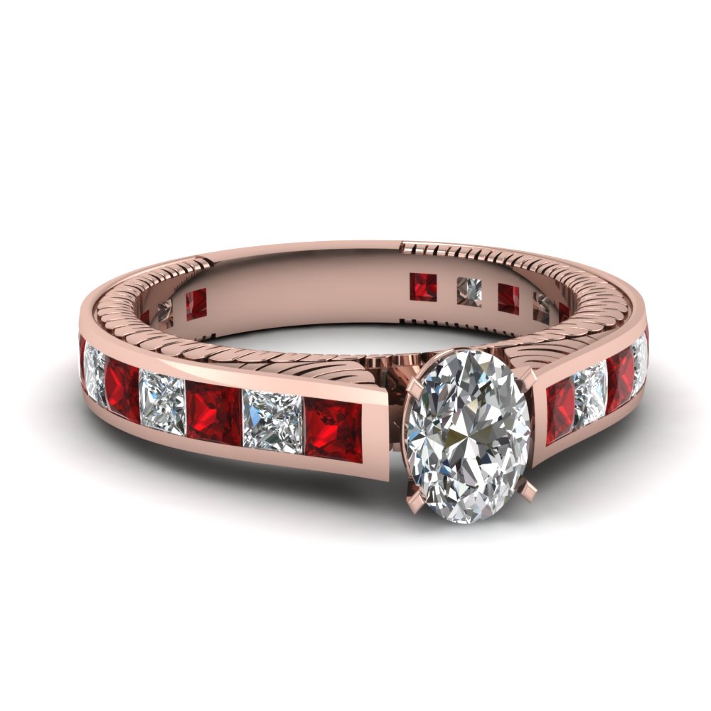 oval shaped channel set princess cut diamond accents shank engagement ring with ruby in 18K rose gold FDENS372OVRGRUDR NL RG
