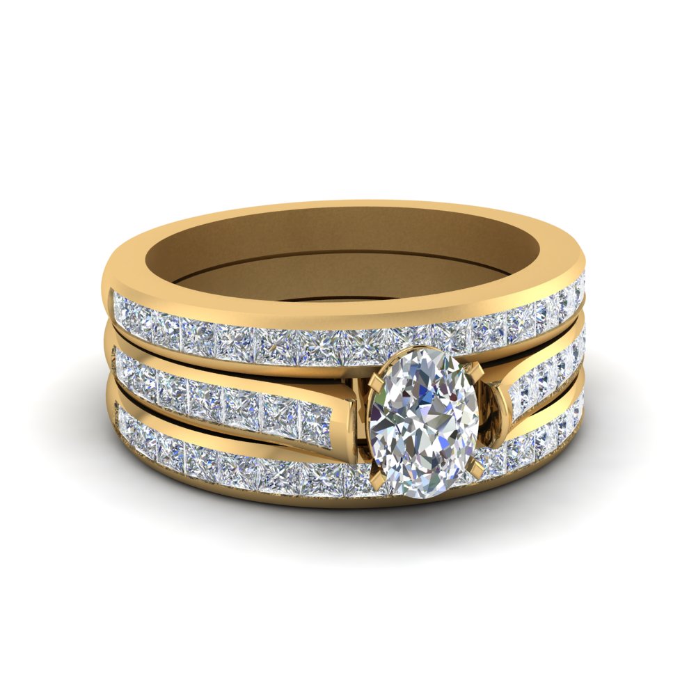 oval shaped channel set trio diamond wedding ring set in FDENS877TOV NL YG