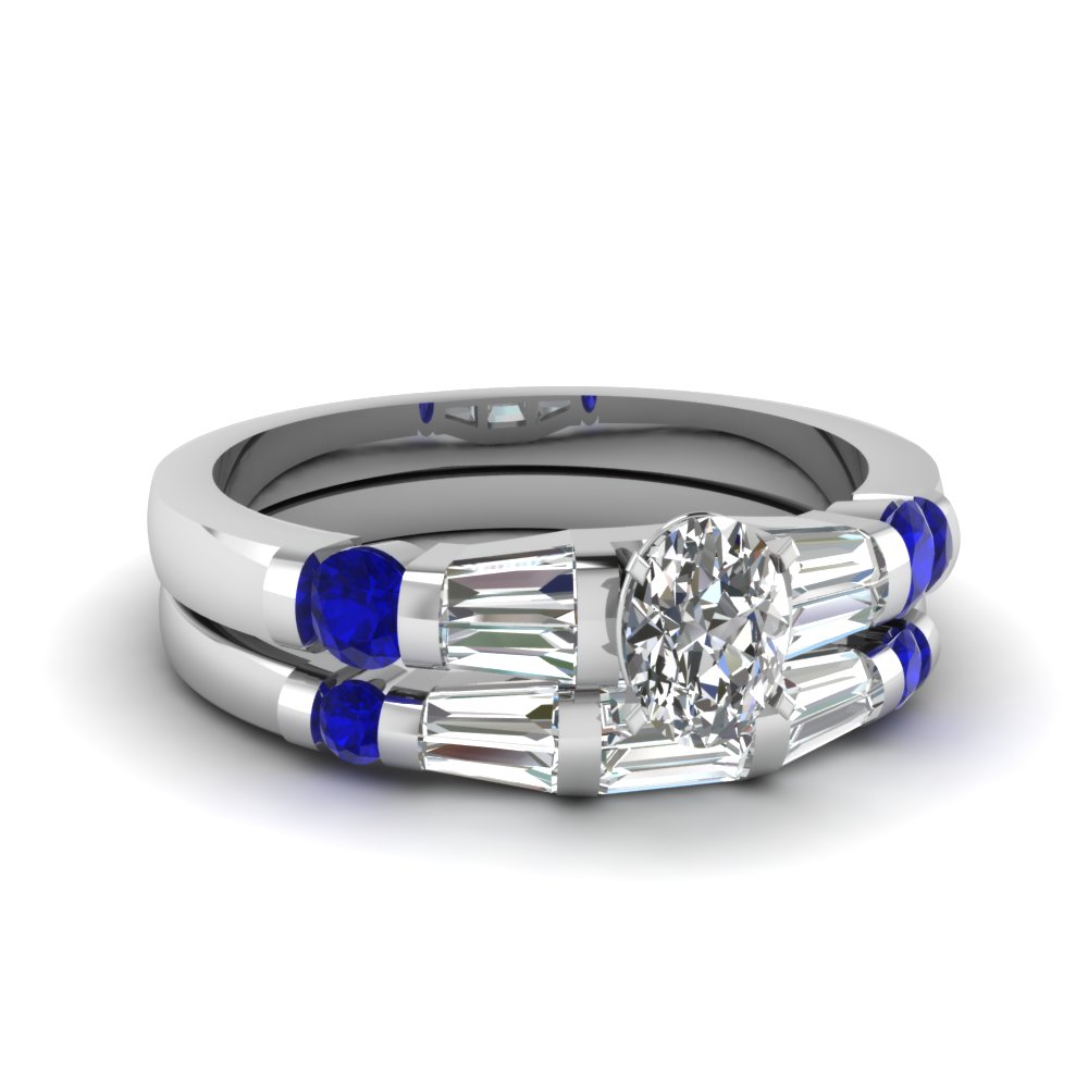oval shaped diamond bar set baguette wedding ring sets with blue sapphire in 14k white gold - Blue Sapphire Wedding Ring Sets oval shaped diamond bar set baguette wedding ring sets with blue sapphire in 14k white gold - Blue Sapphire Wedding Ring Sets