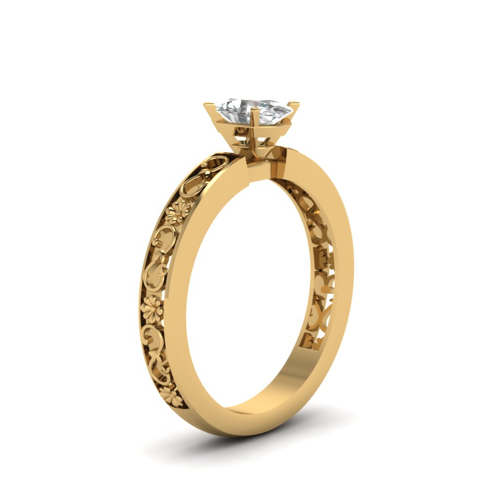 Oval Shaped Engraved Solitaire Diamond Engagement Ring In 14K Yellow ...